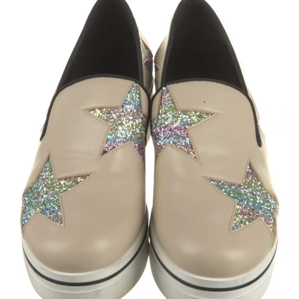 Stella McCartney Beige Platform Slip-On Sneakers with Holographic Star Appliques